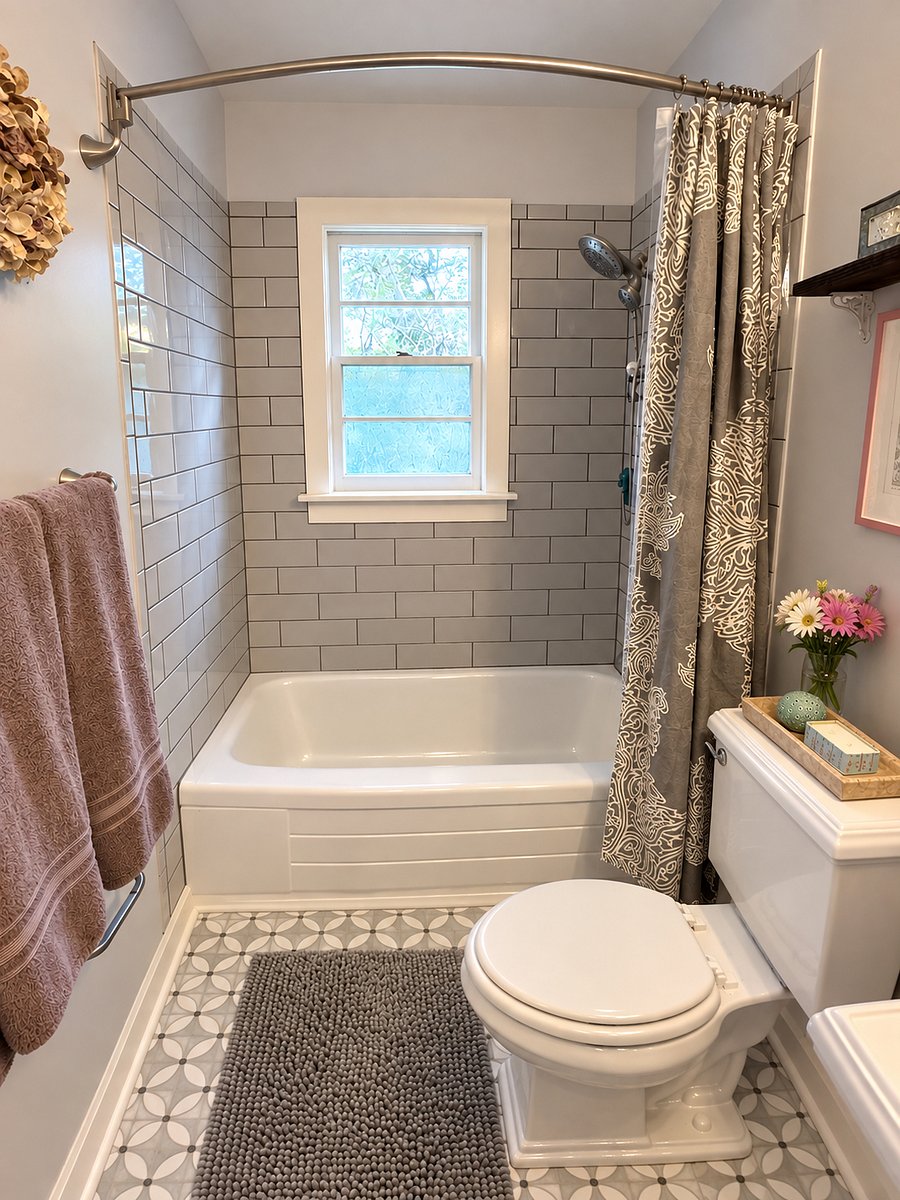 Full hall bathroom recently updated with relaxing, neutral tones where you can relax, enjoy the strong water pressure, and look out at the beautiful trees and backyard.