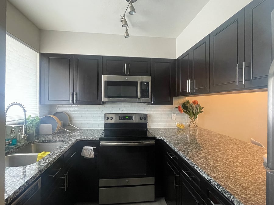 shared kitchen w/ essentials, personal pantry cabinet