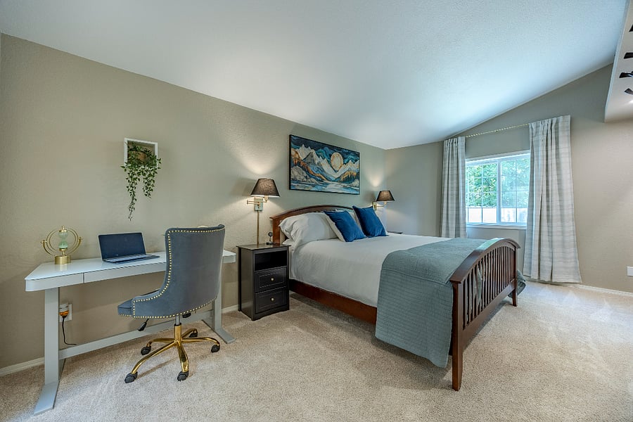 King bed with quality linens. Black out curtains. Sit-stand desk. Pack-n-play available if traveling with an infant. Double closets with plenty of storage room. 