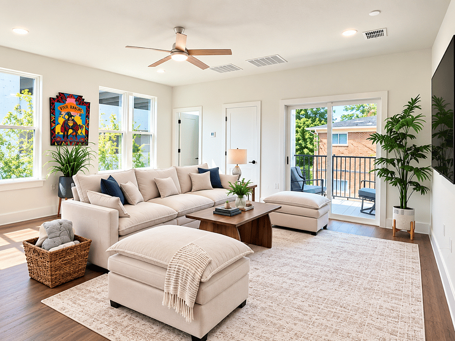 Cozy, comfy extra large couch with 65" smart tv.
