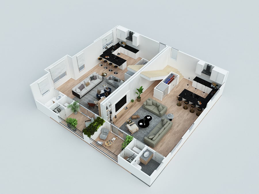 3D rendering of living room, kitchen and balcony on 2nd floor.