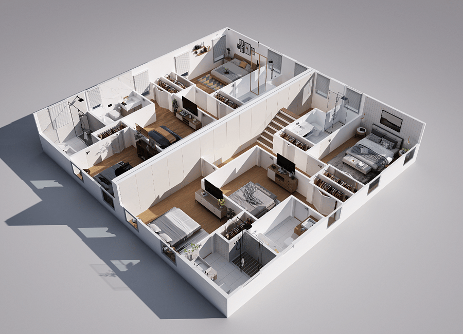 3D rendering of all 3 bedrooms on 3rd floor.
