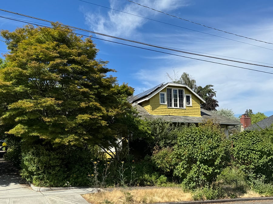 Charming 1/5 story craftsman south-facing bungalow on a corner lot with privacy provided by mature trees and lush garden.