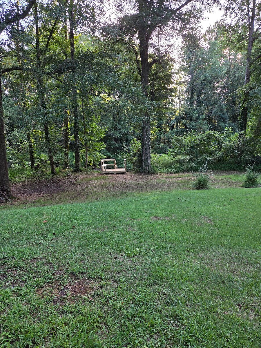 View of half of the back yard and the deck/bench area. 