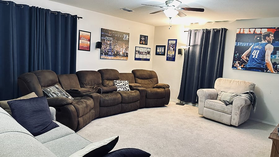 Upstairs game room with reclining sectional - a second living area