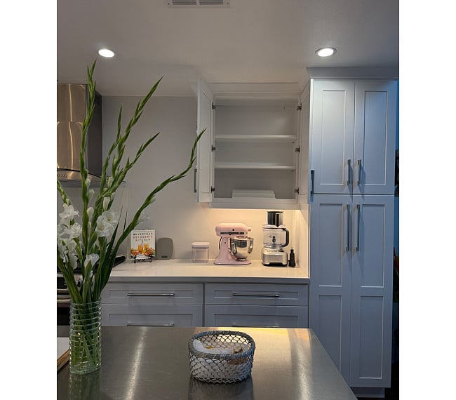 Your own dedicated kitchen cabinet space. Kitchen features rolling step stool to access top shelves.