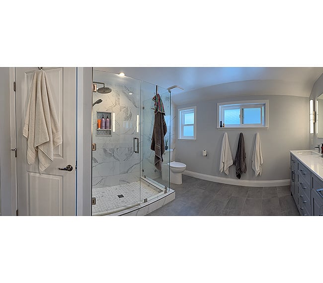 Spa-Like Ensuite Private Bath
Dimensions: 11' 6" x 12' 6" (144 sq. ft.)
Oversize Glass Shower: 4' 6" x 3' 6" enclosure featuring a luxury rain shower head + handheld sprayer.
Vanity: Double vanity with extensive storage. Dedicated linen storage.