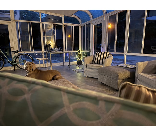 The sunroom at sunset. This is a shared space.