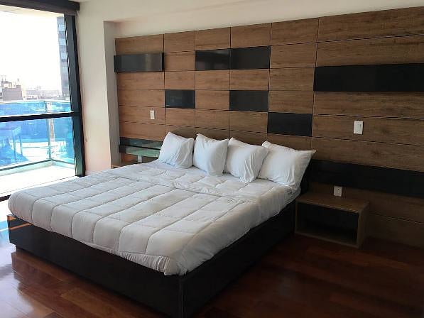 bedroom has TV, walking closet, fan