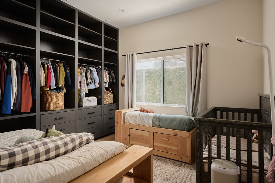 Bedroom 2: Double bed provided (photo shows with 2 childrens beds and crib) Built-in closet with ample drawer and hanging space.