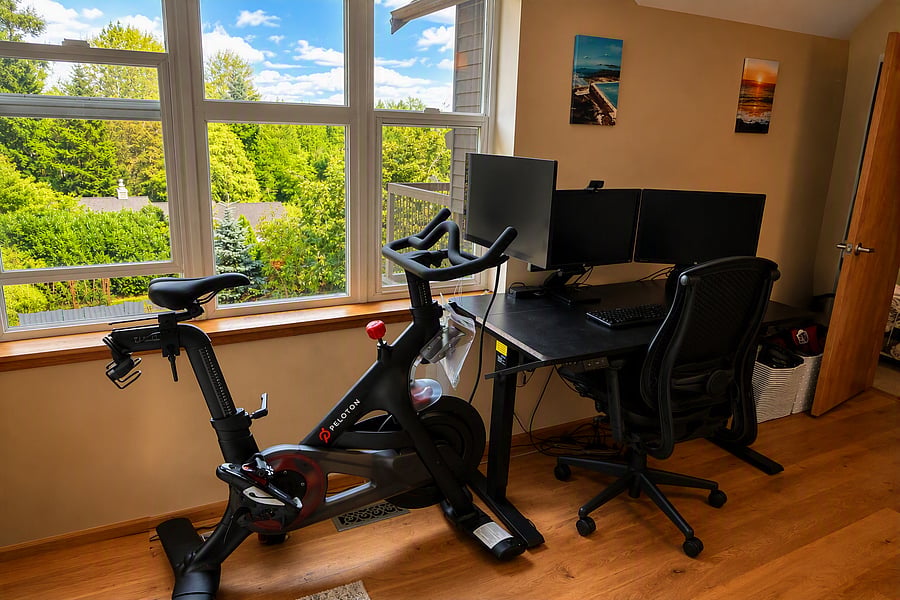 Media room - desk and peloton with delightful view of the backyard and mountains in the distance (angle 2)