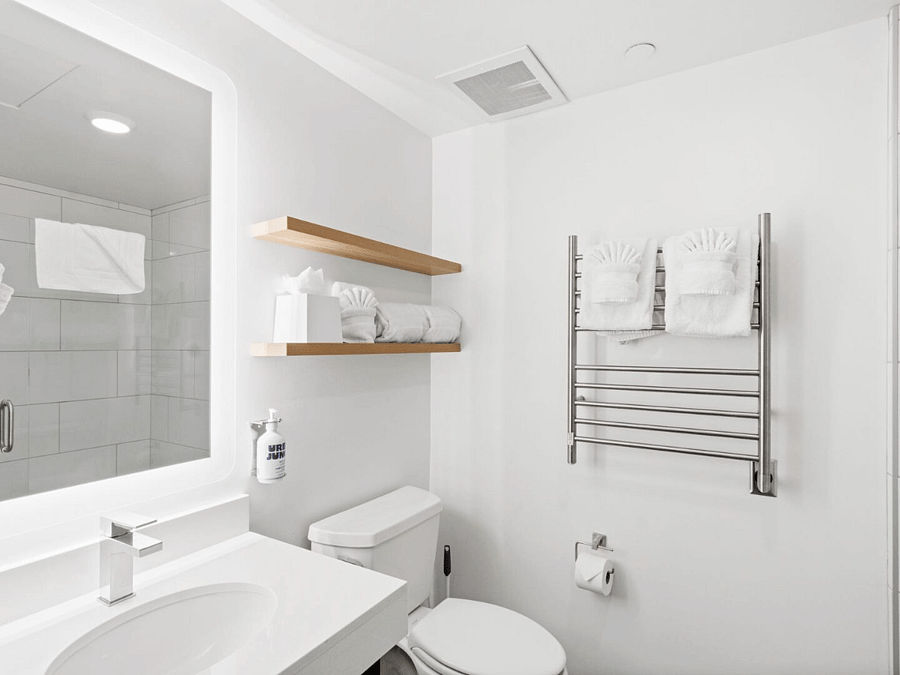 Elegant bathroom with heated towel racks!