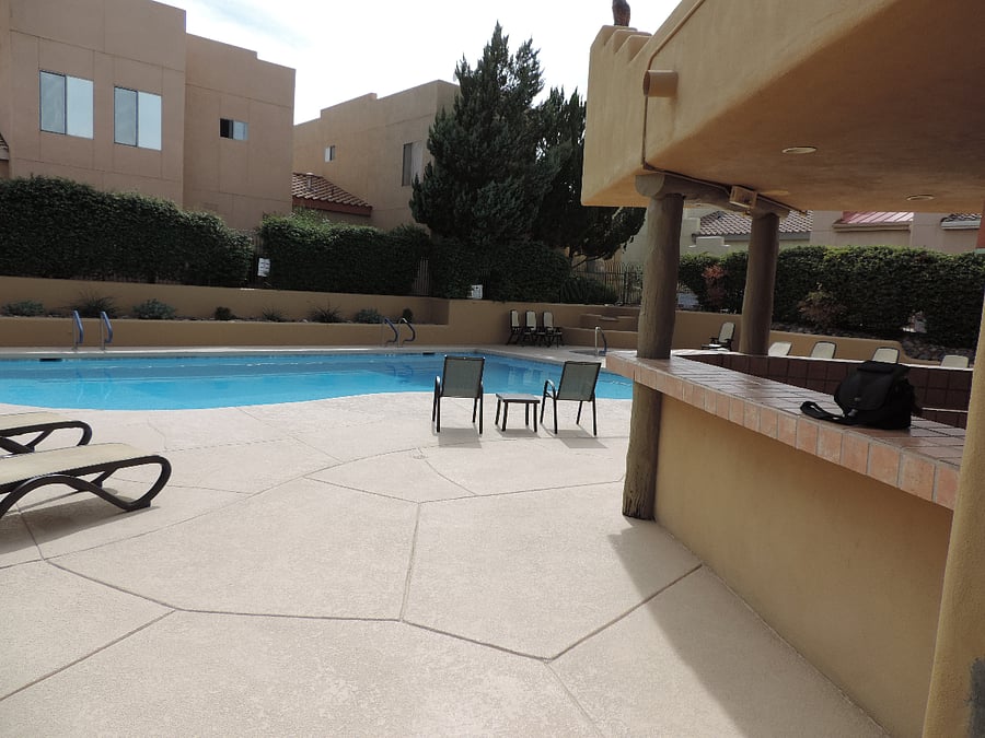Cottonwood Square Commons clubhouse and pool open during the spring and summer months.