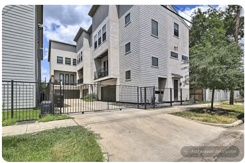 Modern multi-level townhome in a gated residential setting with clean contemporary architecture.
Private driveway and gated access provide convenient off-street entry.
Mature trees and landscaped green space surround the community.