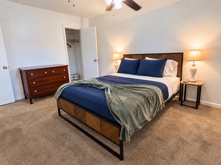 Bedroom #1; includes queen bed, end tables, dresser, large closet, bedding, pillows, mattress topper, etc.