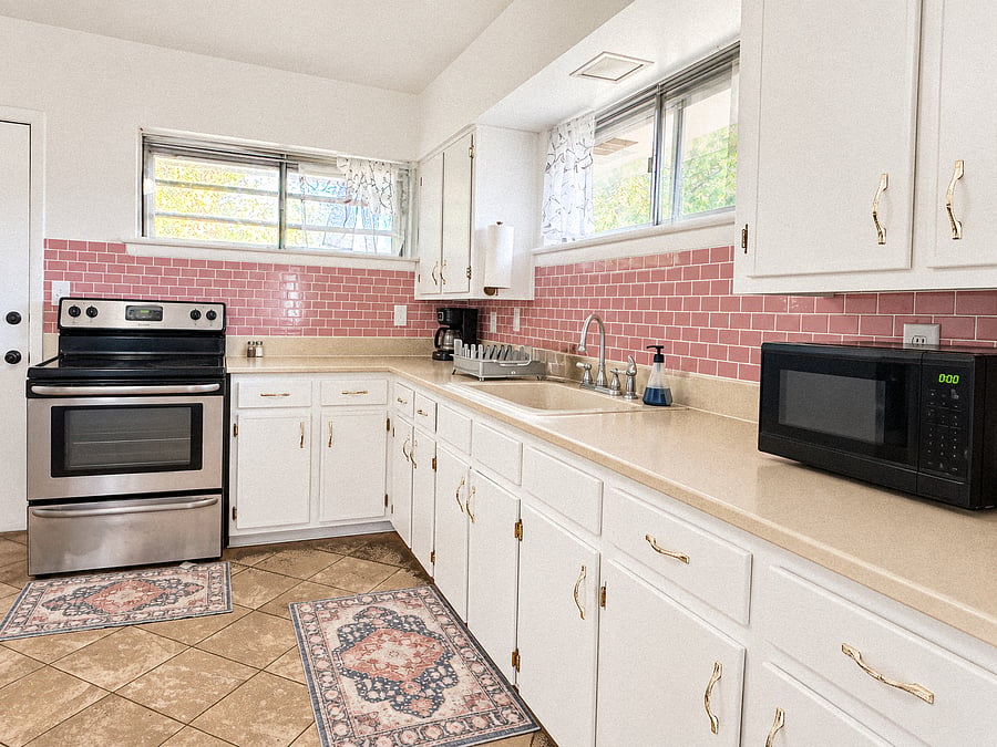 Kitchen; includes full oven and refrigerator. Small appliances include: coffee pot & grinder,
instant pot & microwave,
blender & small food processor.
