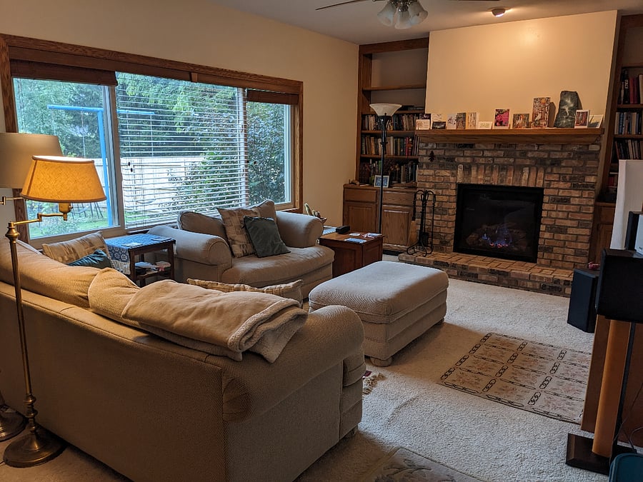 Family Room with gas fireplace, TV, stereo