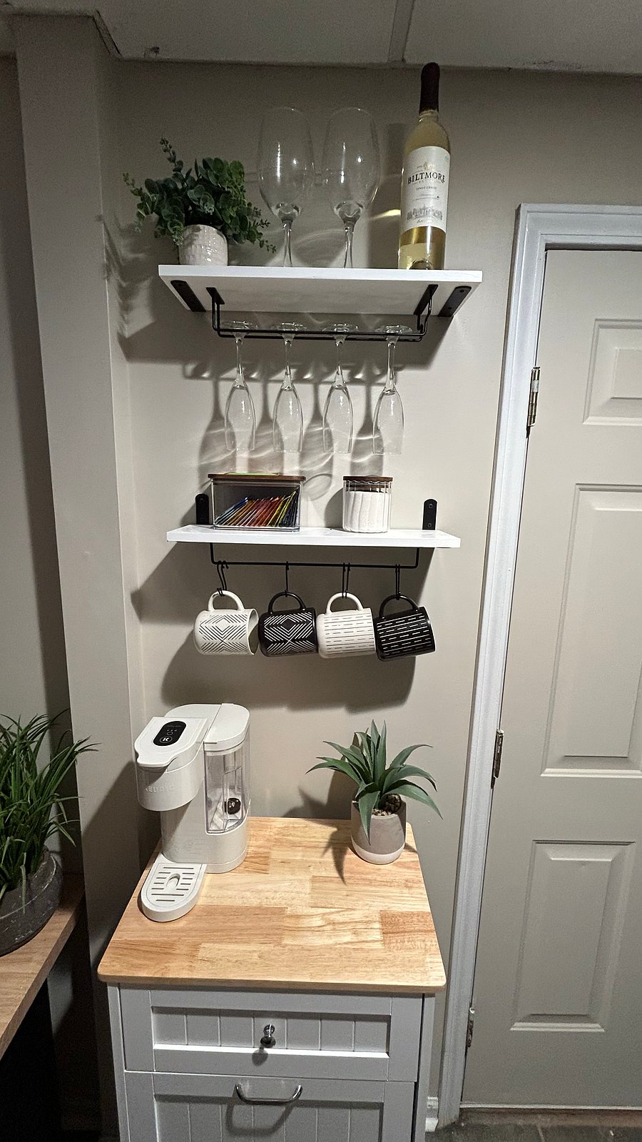 Initially stocked coffee/tea/wine bar