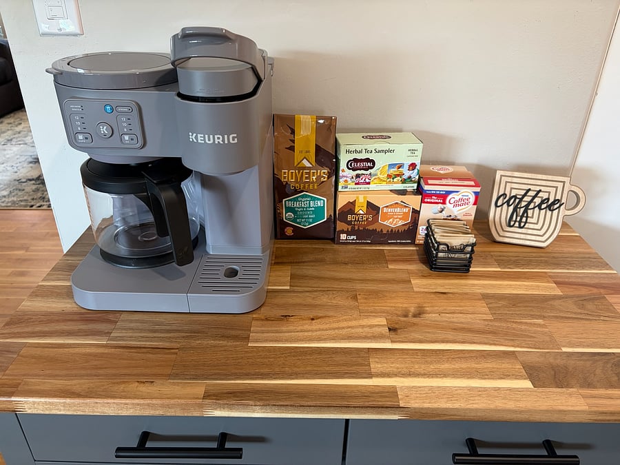 Enjoy locally roasted coffee (ground and k cups), along with some local herbal tea from Celestial Seasonings. Starter cream and sugar provided.