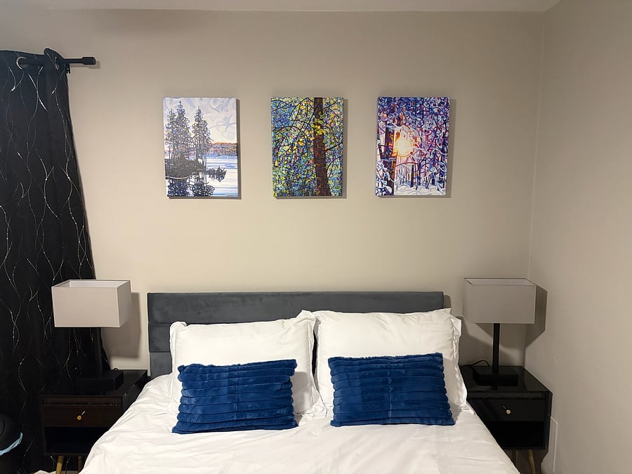 Artwork was thoughtfully selected for the space to add color.