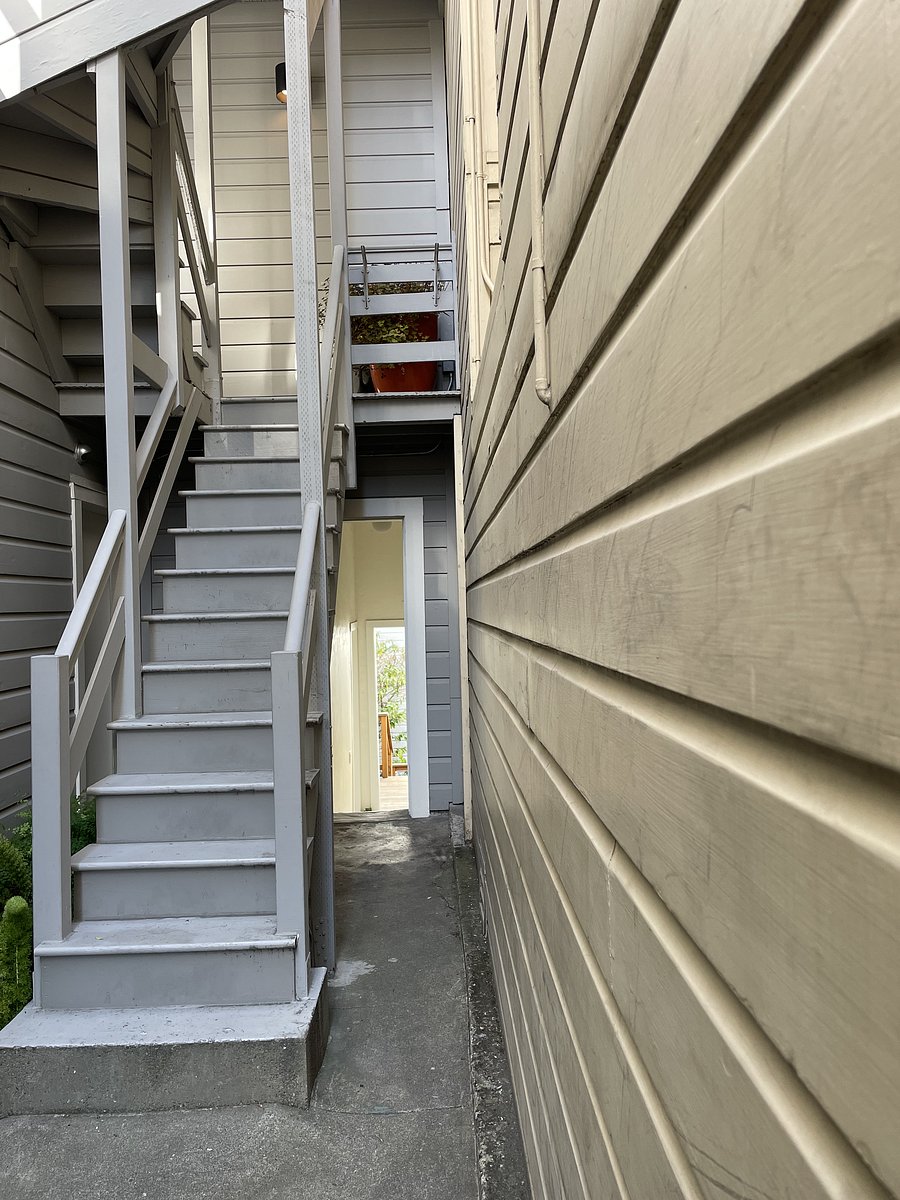 Breezeway, looking toward garden beyond. Walk past these stairs, through the white framed opening, down a few stairs and the studio entry door is on the left just before the opening to the garden.