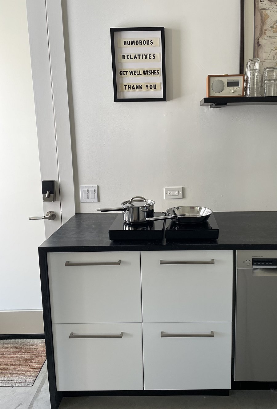 Induction cook tops can be stored in the drawer below when not in use.
