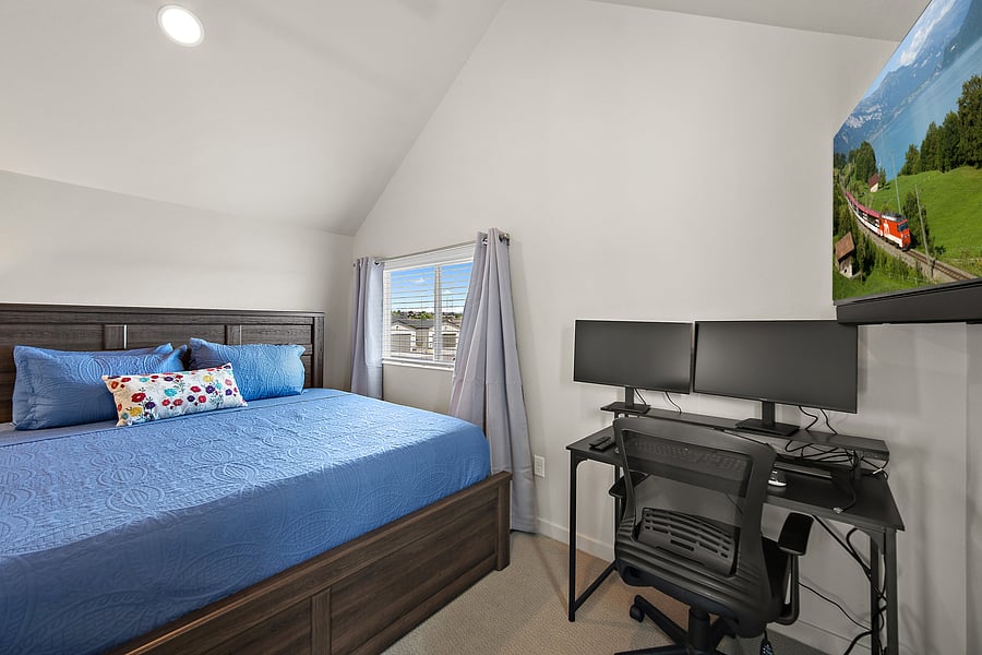 Work remotely with ease! Dedicated desk, ergonomic chair, dual monitors and docking station. 50" Smart TV for relaxing and watching your favorite shows.