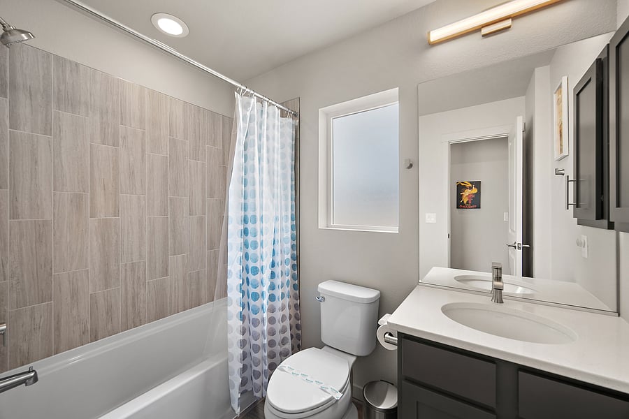 Full bathroom featuring a tub and shower combination with modern finishes.