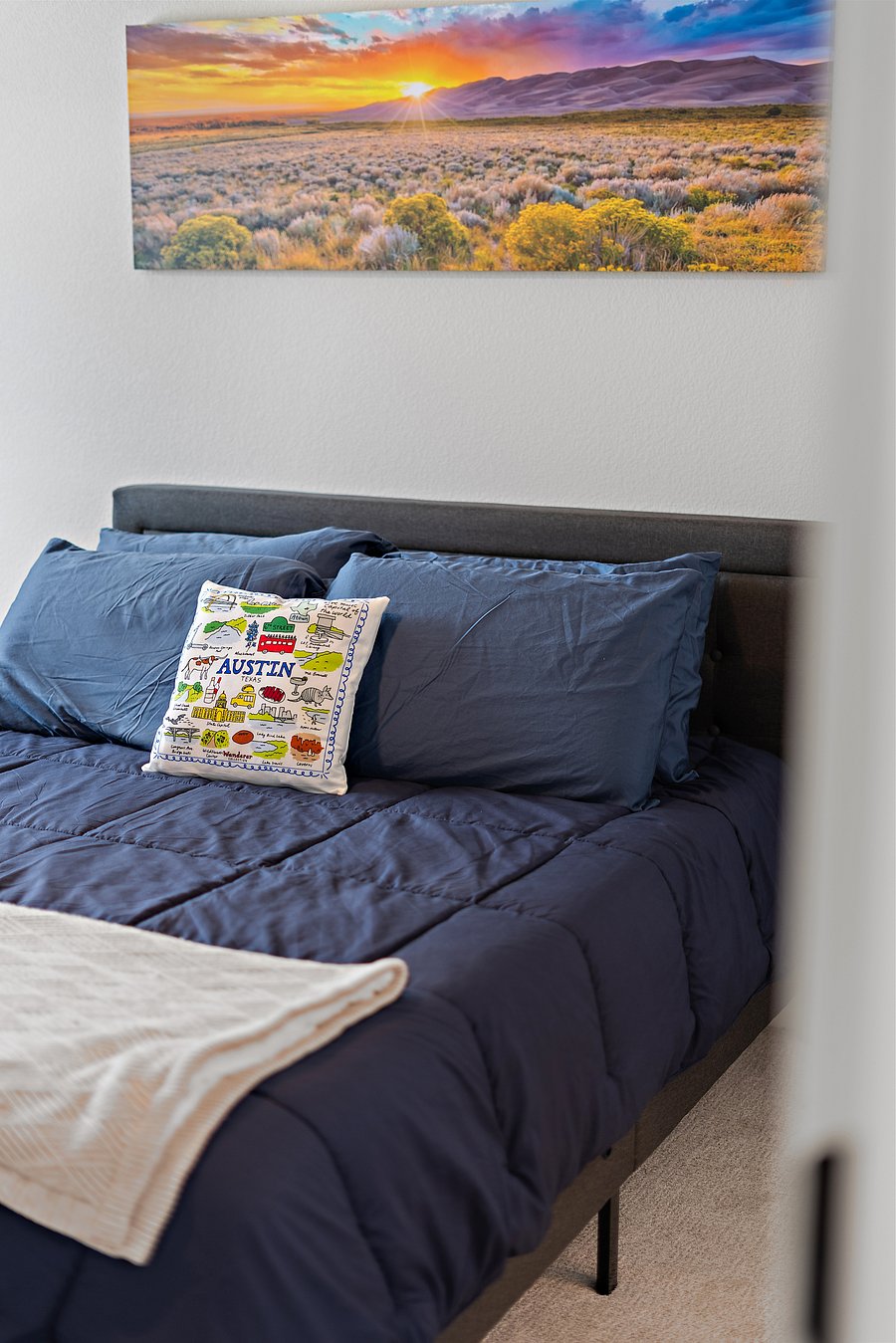 Sleep comfortably with a queen bed and blackout curtains.