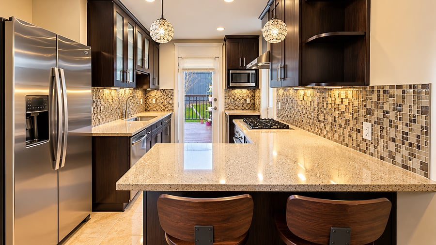 Beautiful kitchen with quartz countertops, Staines steal refrigerator, stove top, full oven, microwave. A full stocked kitchen with everything you need to prepare your favorite meals.