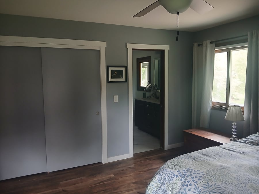 Master bedroom looking into bathroom