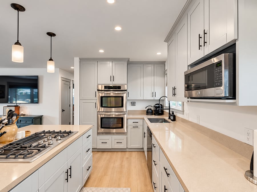 Open kitchen with all kitchen appliances. Two coffee makers (filter and kurig), pots, pans, chef knives and much much more. 