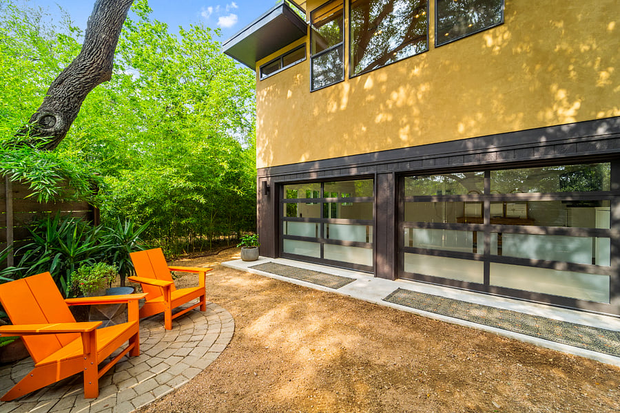 The front of the house. The Flex space is behind the glass garage doors