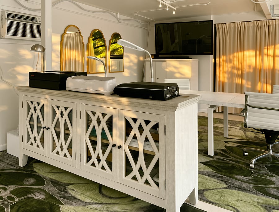 Privacy curtains are available to separate the two halves of the flex-space
