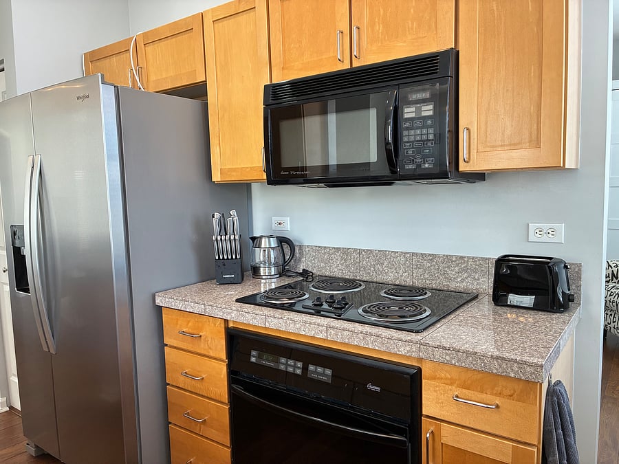 Galley kitchen. Compact but convenient.