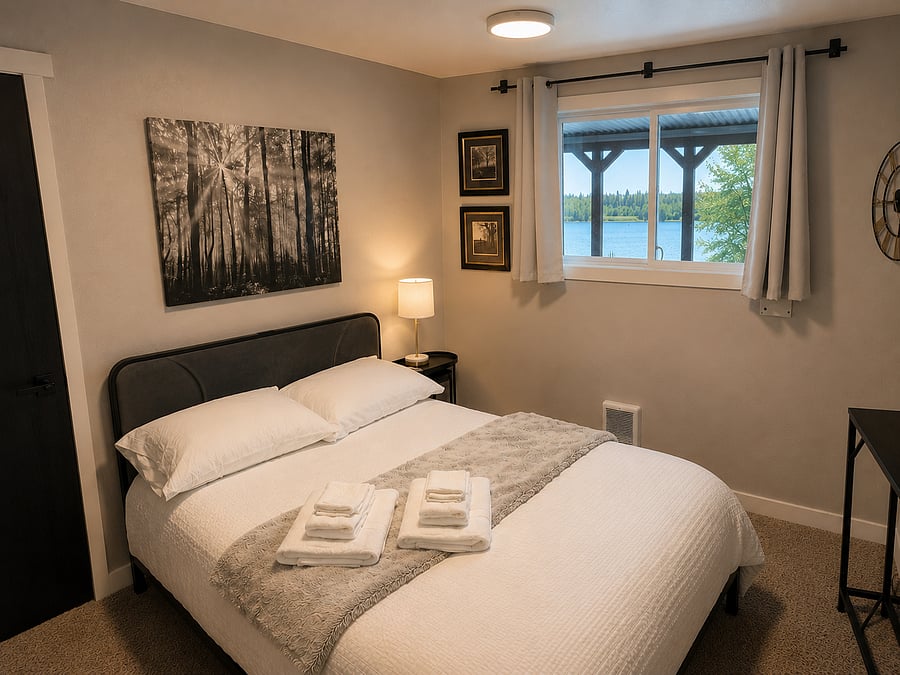 Bedroom with full-sized bed and smart TV
