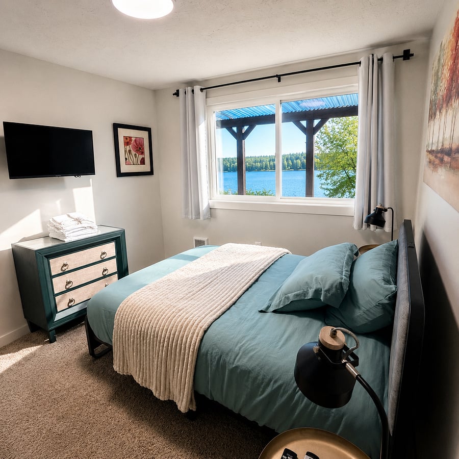Bedroom with full-sized bed and smart TV