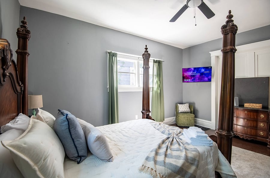 You can unwind in a queen bedroom that offers a quiet retreat with soft bedding and a peaceful atmosphere.
