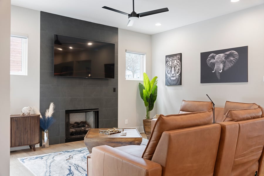 Living Room (sectional, Air conditioning and heating, Indoor fireplace, and TV)
