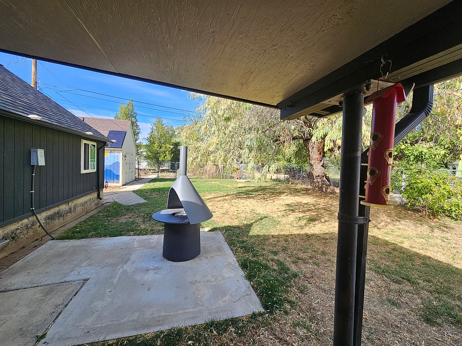 The backyard fireplace, plenty of seating options and a large old tree offering great summer shade. Gardening opportunities as well!