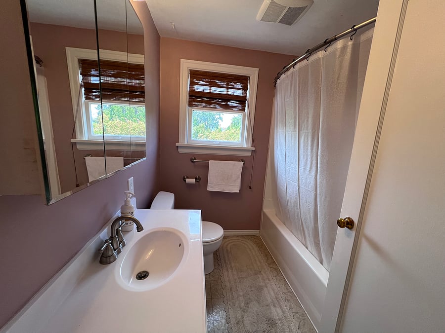 The up stairs shared bathroom, large storage capacity behind the door.