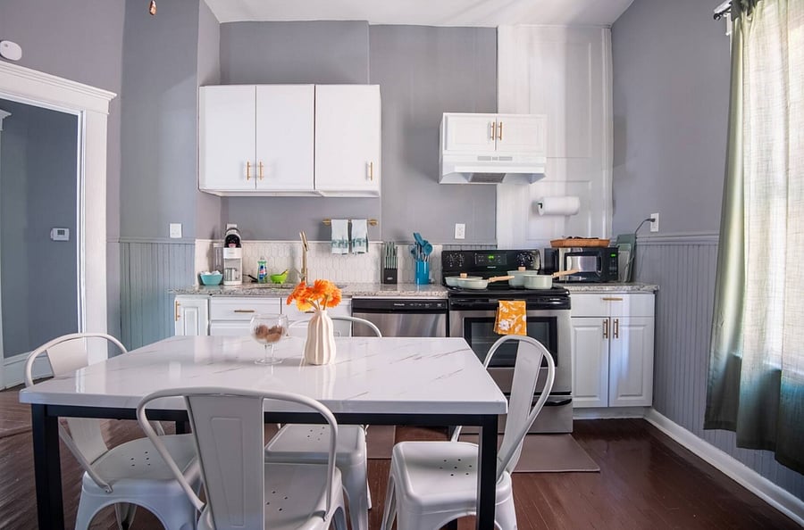 Enjoy a spacious kitchen stocked with all the essentials. Pots, pans, and utensils included. From a casual morning meal to a full dinner, everything is easy to prepare and serve.