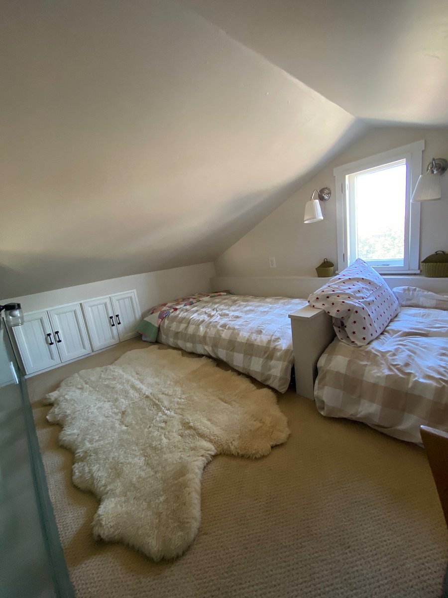 The loft has two twin beds on the carpeted floor and accessed by a step ladder. 