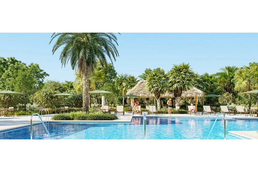 A sparkling swimming pool with lush greenery offers a serene escape from the Florida heat