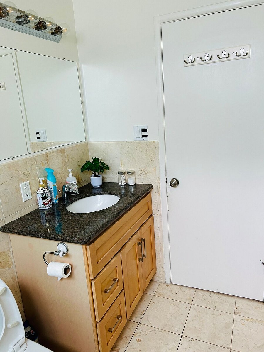 Shared bathroom vanity with mirror and storage