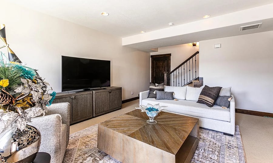 Spacious living room with sofa bed on ground level.