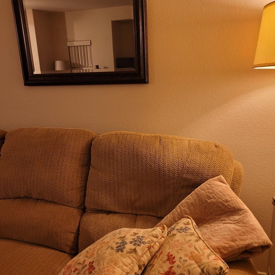 Living Room 3 of 3
Comfortable couch with reclining seats, comfortable quilts and pillows