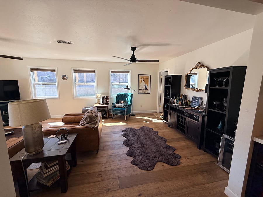 First half of the back living room, complete with lounge and bar space.