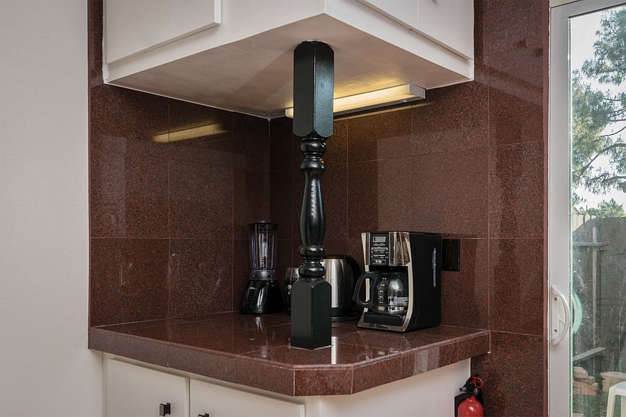 Start your morning at the coffee bar, complete with a drip coffee maker, electric kettle, and blender