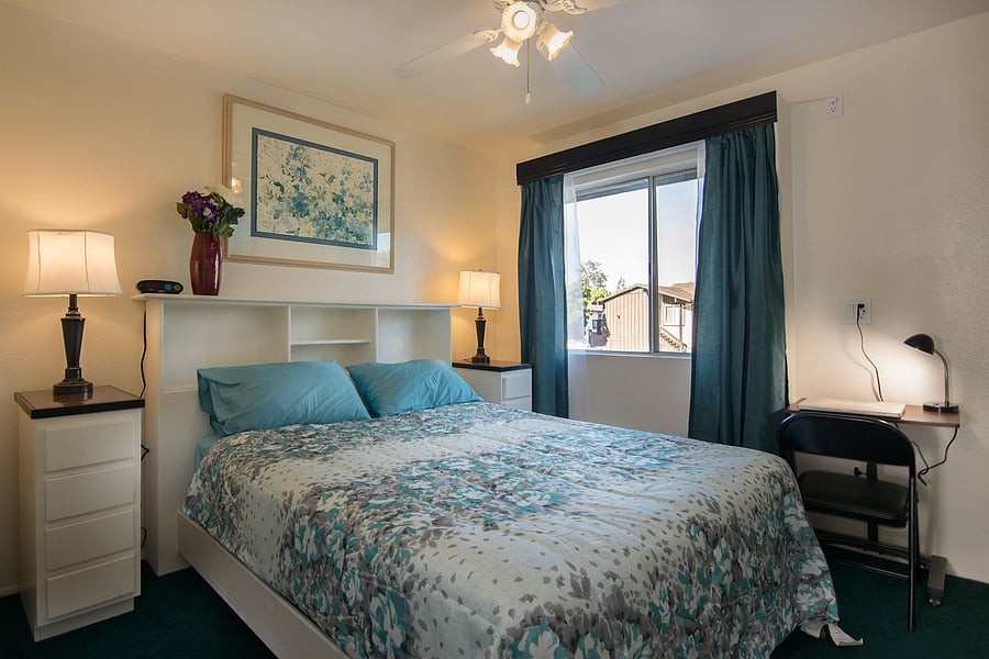 Rest easy in the right bedroom with soft blue accents, a ceiling fan, and natural light.